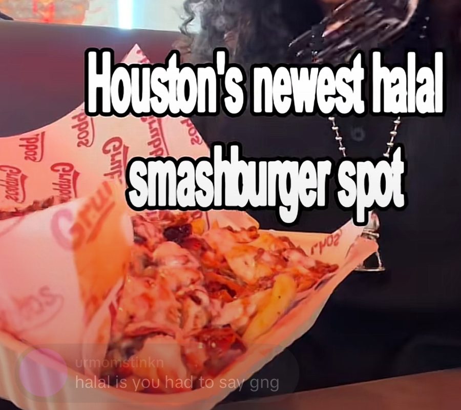 Frame from a food review video: Houston's newest halal smashburger spot